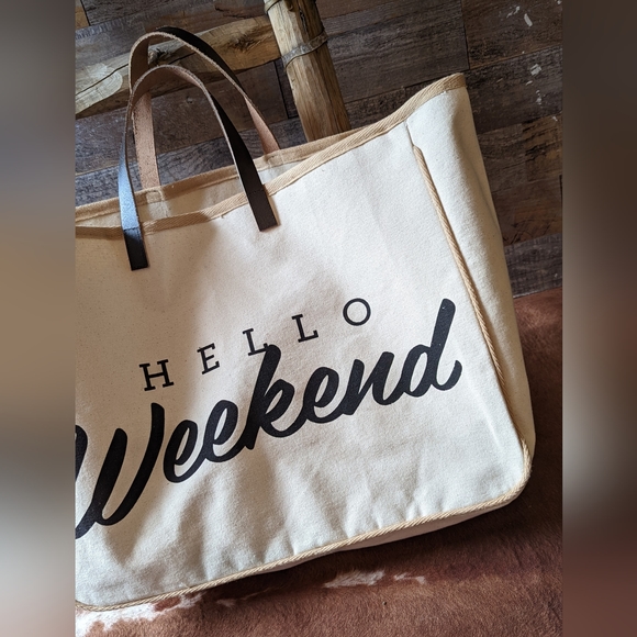 New " Hello Weekend" Canvas Travel Weekender Bag - Picture 3 of 12